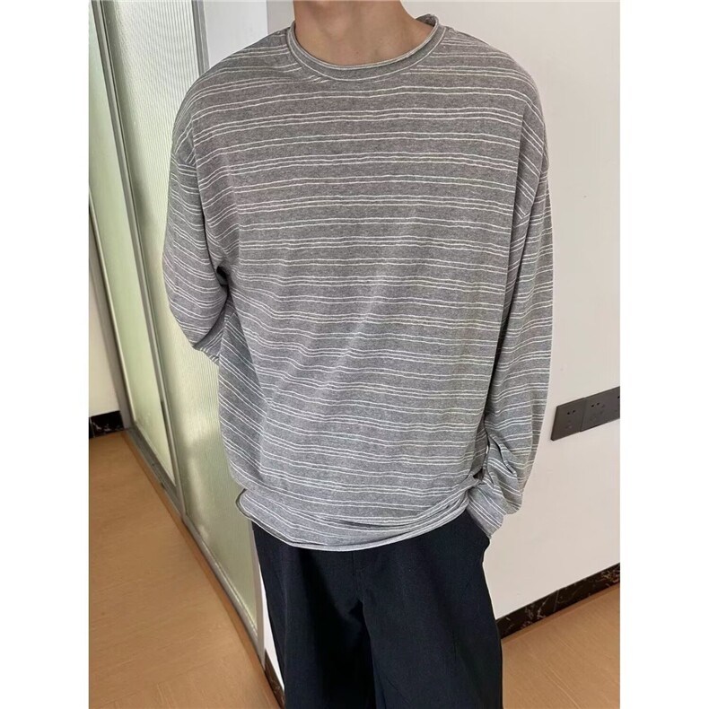 T91-P38早秋季慵懒风复古百搭宽松毛边圆领条纹长袖T恤打底衫,男装T恤,电商B323A