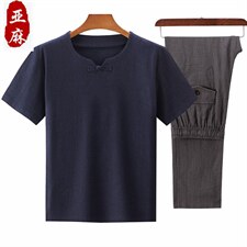 大货新款夏男款中老年风亚麻套装短袖T恤套装棉麻长裤爸爸装，男装中老年男装，钱塘723