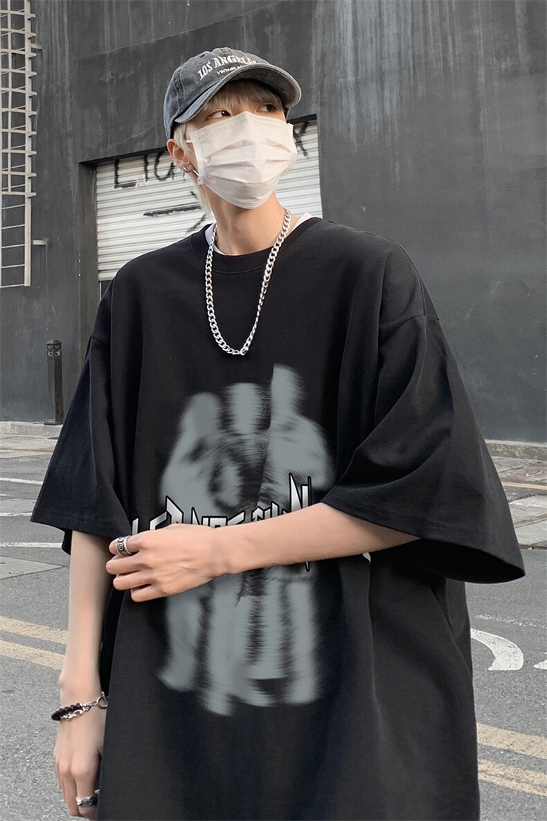 B239-1092-P25模糊人像字母印花夏季重磅落肩袖短袖T恤港风,男装T恤,星座514-2(原B239)