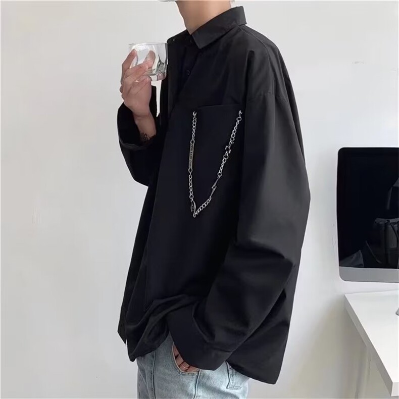 黑色衬衫男长袖春秋日系痞帅大码宽松嘻哈衬衣港风CS032-P33,男装衬衫,星座1109-3