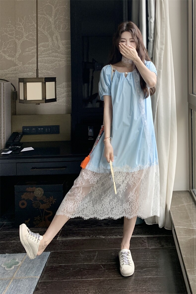 夏季韩系宽松显瘦甜美设计感独特漂亮长裙温柔风蕾丝拼接连衣裙女,女装连衣裙,2C353