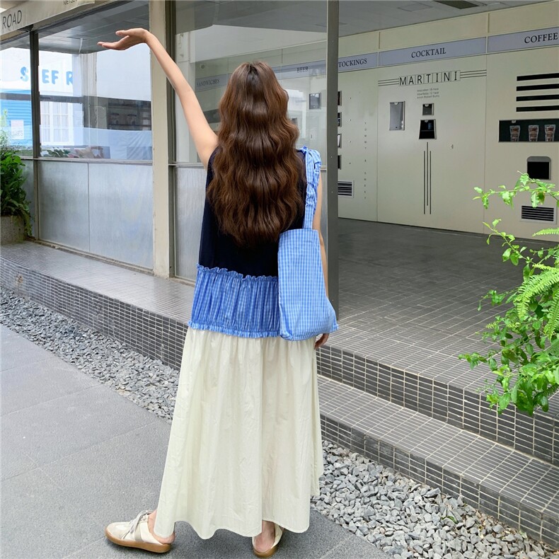 设计感撞色拼接无袖背心连衣裙女夏2025新款减龄气质遮肉显瘦长裙,女装连衣裙,蝶眷
