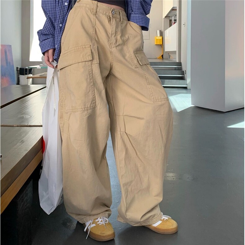 美式杏色多口袋牛仔工装裤女夏季新款设计感宽松显瘦阔腿休闲裤子,男装工装外套,星座506A