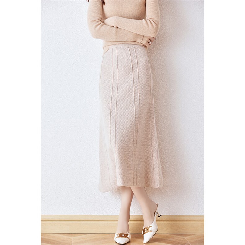 优雅显瘦高腰半身裙女秋冬中长款百搭纯色针织裙，女装半身裙，绒汀羊绒