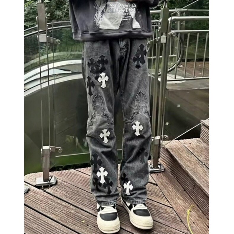 高街刺绣十字架长裤牛仔裤男街头复古水洗嘻哈休闲长裤NS33,男装牛仔裤,星座1116A（原606A-3）