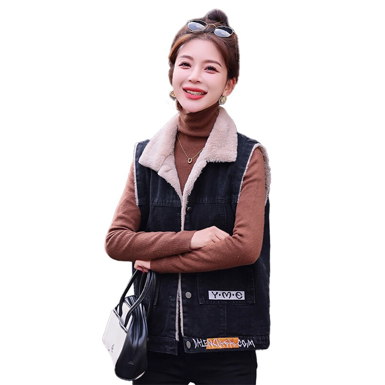 【新款现货】2025冬装新款时尚字母刺绣加绒牛仔马甲外套上衣,女装马甲,1D060