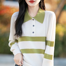 2025年春季时尚气质简约百搭条纹拼接针织衫，女装羊毛衫，哲奥羊绒