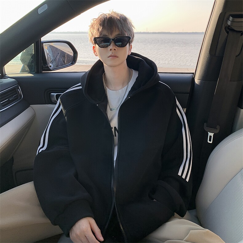 8XL-M秋冬美式运动三条杠条纹开衫卫衣连帽特大码宽松JK5206/P65,男装卫衣,电商B238