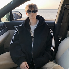 8XL-M秋冬美式运动三条杠条纹开衫卫衣连帽特大码宽松JK5206/P65，男装卫衣，电商B238