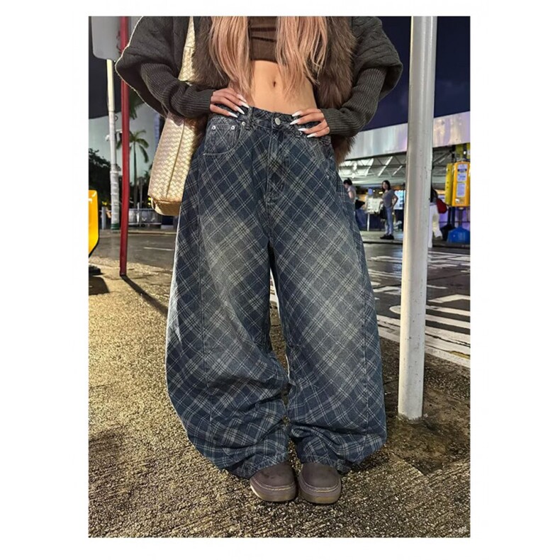 美式水洗做旧网格阔腿牛仔裤男女宽松休闲百搭拖地长裤NK0928-P58,男装牛仔裤,星座308B-2