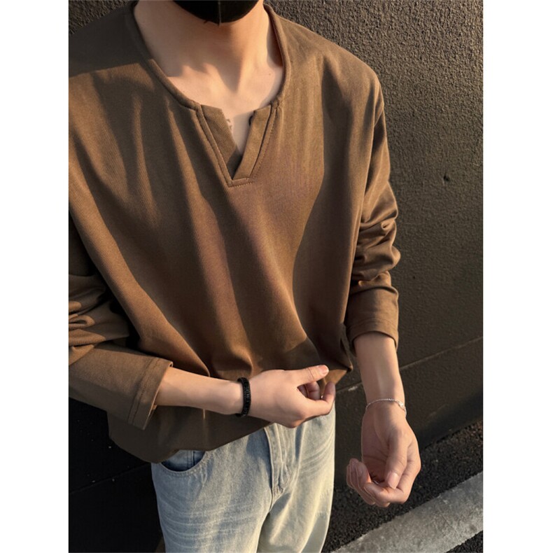 棉现货秋季男士百搭高品质V零套头长袖T恤男全棉长袖打底衫,男装T恤,星座510-1