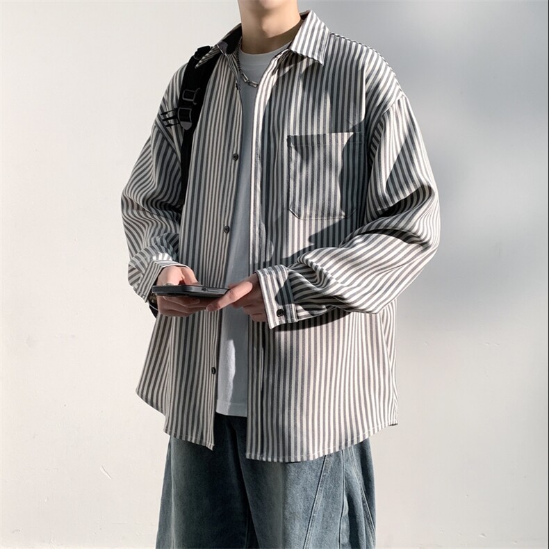 条纹衬衫男外套春季新款宽松休闲潮流长袖衬衣A406C6022特P55,男装衬衫,星座309（原A406）