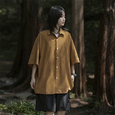 日系新款复古纯色短袖衬衫男女同款夏季宽松休闲情侣衬衣，男装衬衫，星座410-6（原星座1304-1）