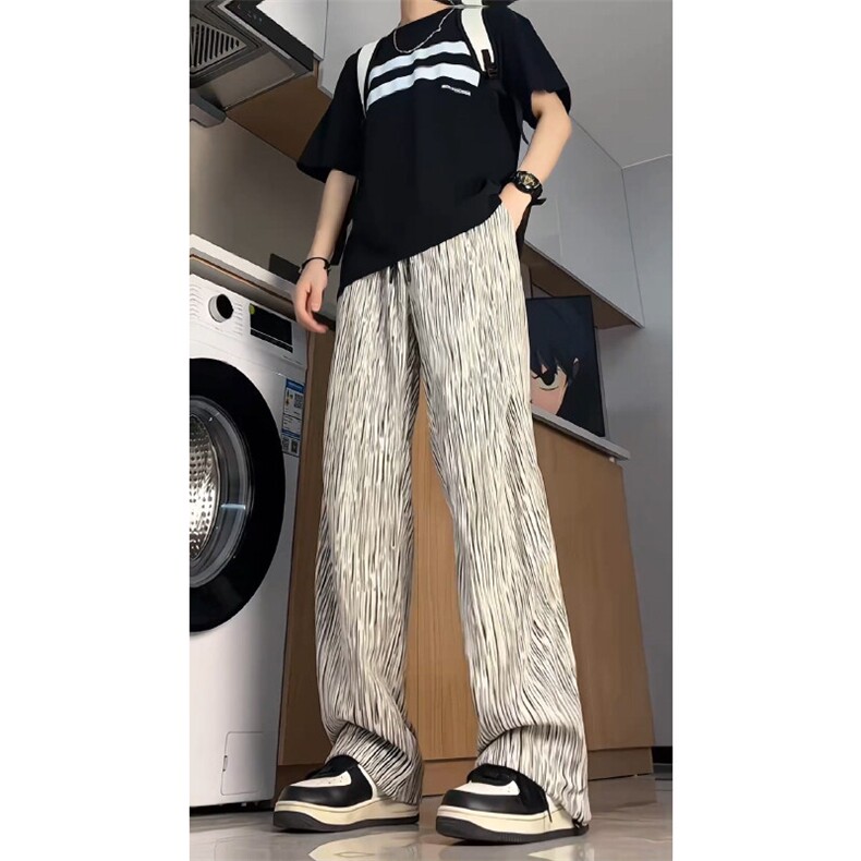 特批25港风条纹褶皱高级质感休闲阔腿显瘦百搭休闲裤K6122,男装休闲裤,电商A128