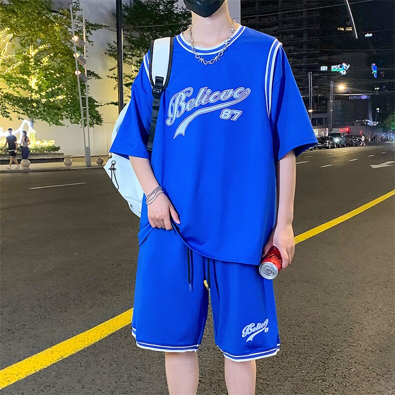 夏季时尚休闲套装假两件纯棉男宽松短袖短裤篮球服F312P60控89图片