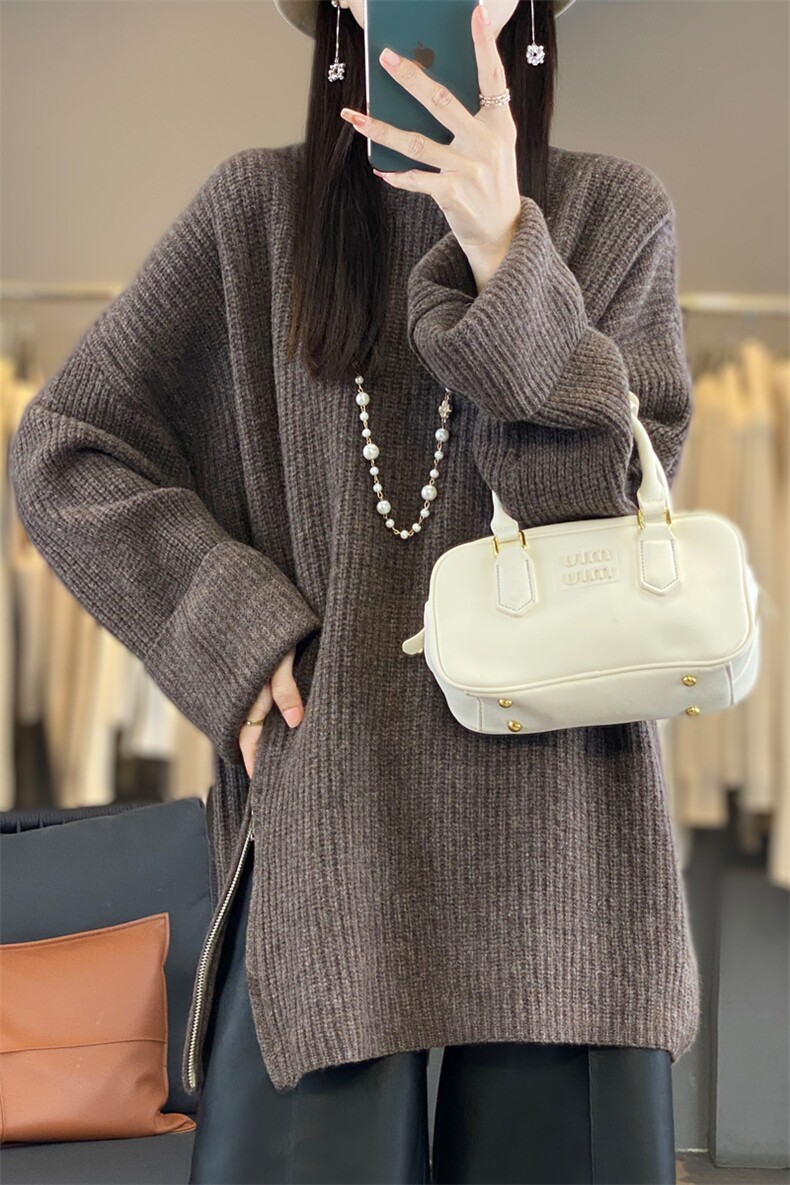 2025年冬加厚毛衣女宽松休闲长袖羊毛针织羊绒纯色洋气内搭打底,女装羊毛衫,邦太羊绒