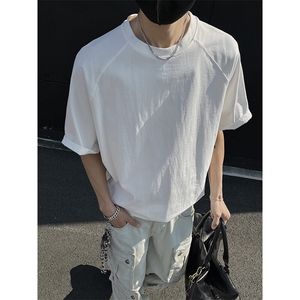 得物抖音高品质260克重磅宽松纯棉纯色双纱牛角插肩袖短袖T恤DT22图片