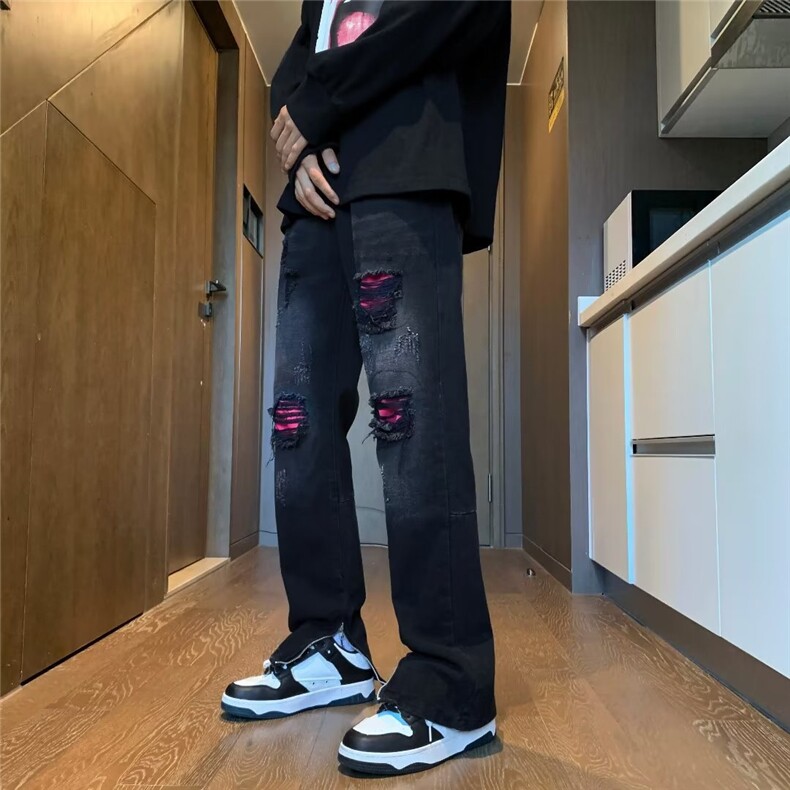 美式潮牌高街vibe复古水洗黑色破洞补丁牛仔裤男修身微喇叭长裤子,男装牛仔裤,四季星座218-1