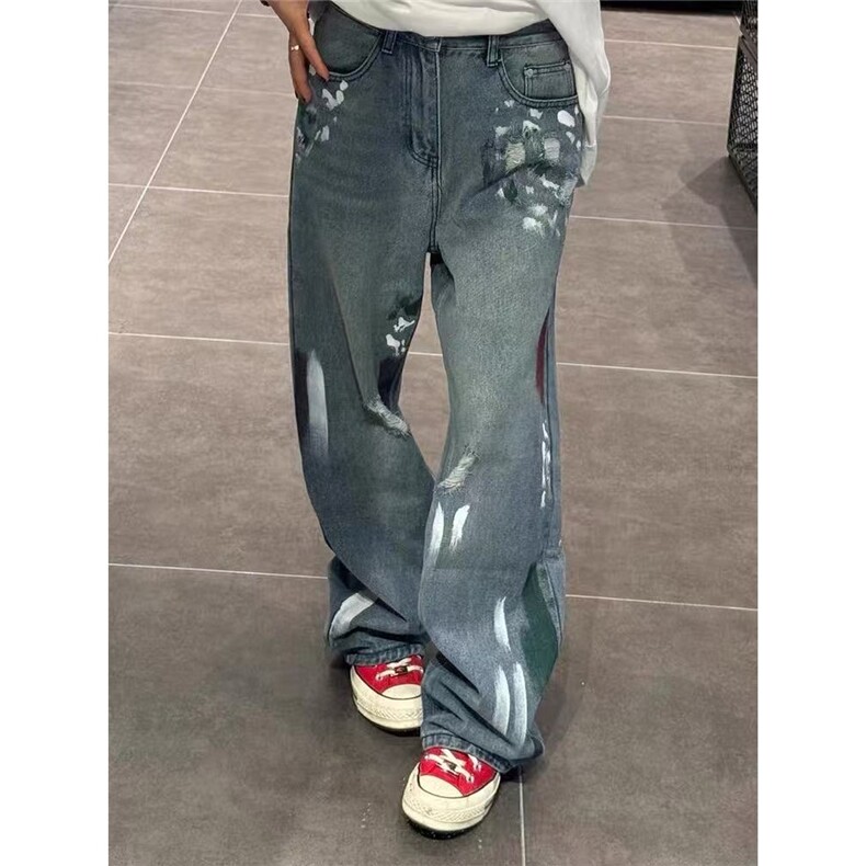 美式水洗做旧破洞街头涂鸦牛仔裤泼墨显瘦拖地直筒裤男LA6200-P45，男装牛仔裤，星座1008