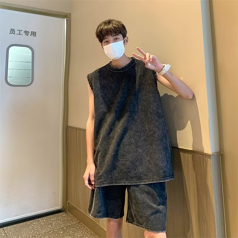 套装男韩版潮无袖背心两件套2023夏季新款ins宽松五分裤W4835-P53,男装休闲套装,星座412-3