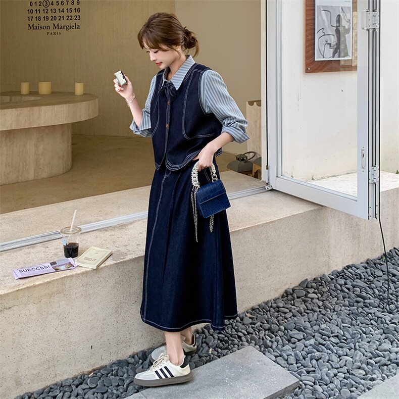 学院风条纹衬衫牛仔马甲套装裙女2025秋季新款韩版时尚显瘦三件套,女装套装/套裙,2D041