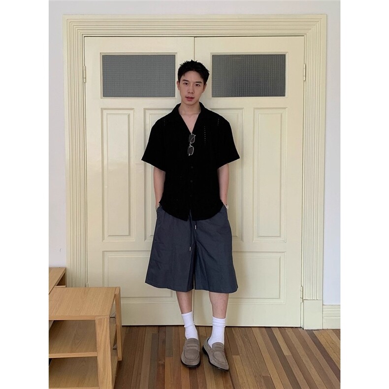 高级感镂空古巴领短袖衬衫男夏季新款宽松半袖衬衣CS572-P37,男装T恤,星座208-5