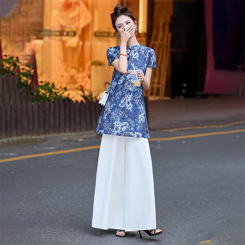 新中式国风套装女2025夏季新款复古印花盘扣马甲上衣阔腿裤两件套,女装套装/套裙,自然秀