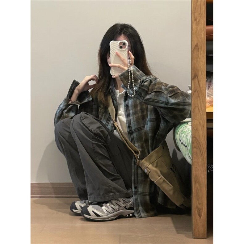TC645-p45慵懒风Polo领格子衬衫女早秋美式复古宽松防晒外套,女装衬衫,星座617A-2