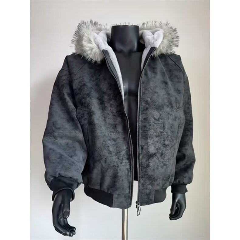 荔枝皮座山雕pu皮大毛领棉服男冬季可拆卸外套连帽保暖棉衣日系图片