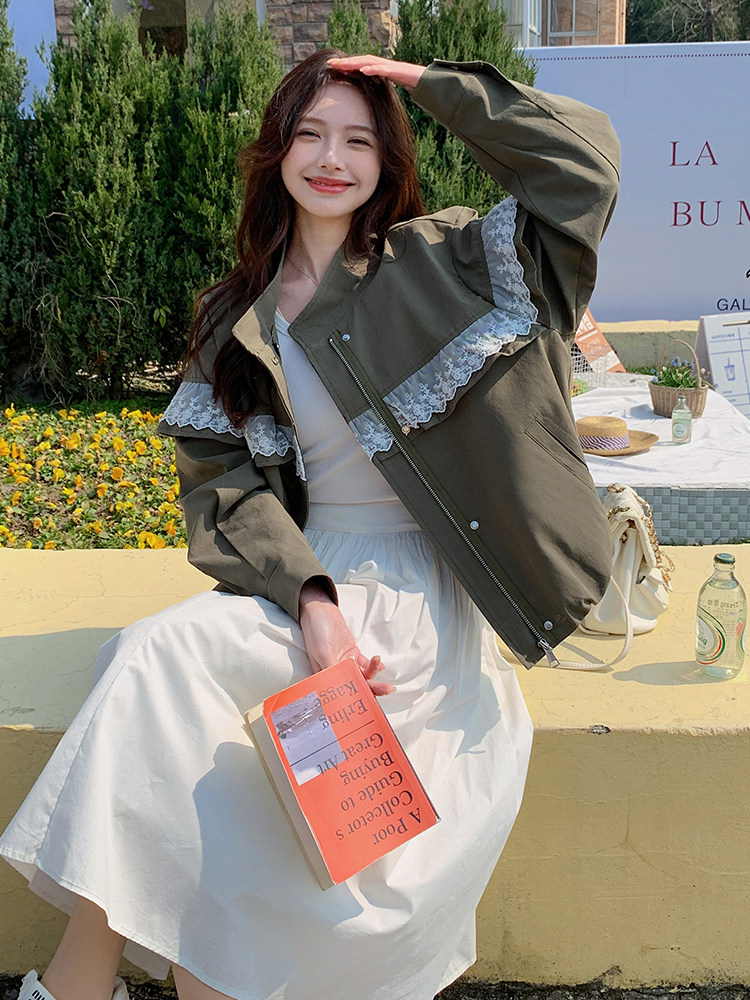 美式复古甜酷风蕾丝拼接暗扣工装外套女2025春款休闲棒球服夹克,女装短外套,蝶眷