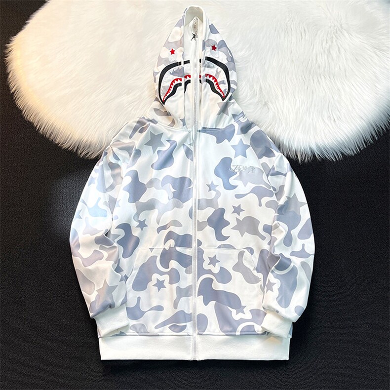 美式高鲨鱼拉链刺绣卫衣男女同款情侣春秋薄款hiphop原创连图片