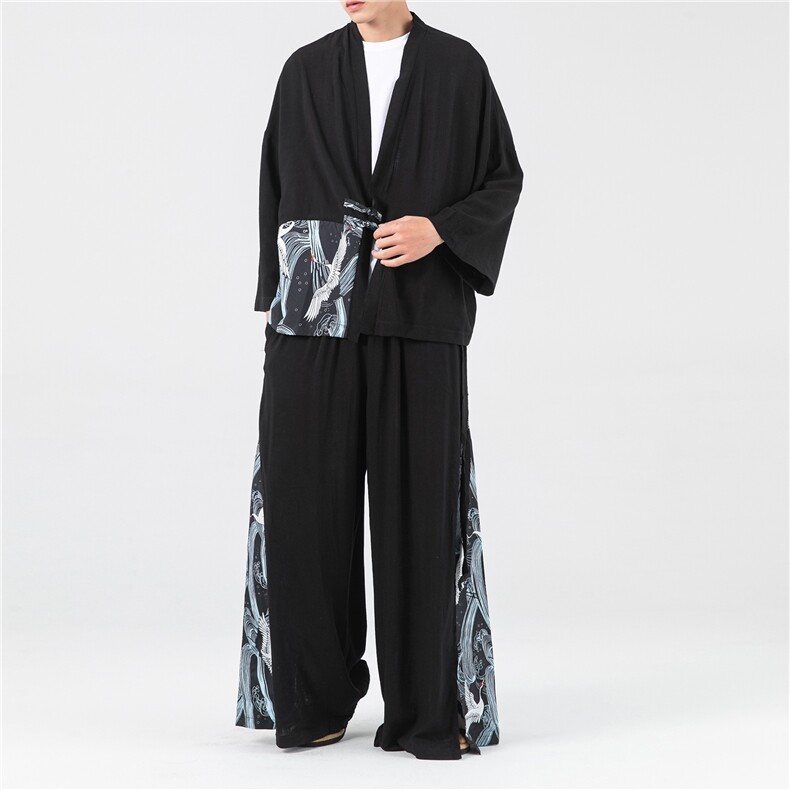 大码汉服改良风开衫阔腿裤套装情侣两件套古风仙气TZ72/P145,男装休闲套装,钱塘713