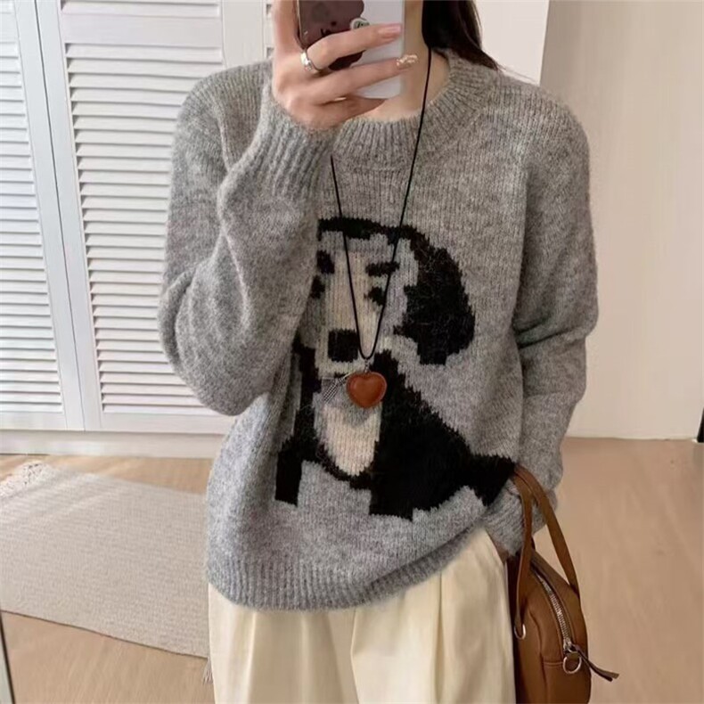 女士秋冬小狗刺绣圆领仿羊毛材质针织衫长袖,针织衫/毛衣,萱芳婷羊绒