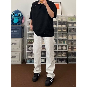 白色微喇叭牛仔裤男春秋夏季美式高街显瘦显腿长痞帅裤子,白色镂空高领背心如何搭配上衣图片