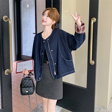 现货~~！！港风复古宽松休闲短款格子拼色牛仔外套P145，女装短外套，2C262