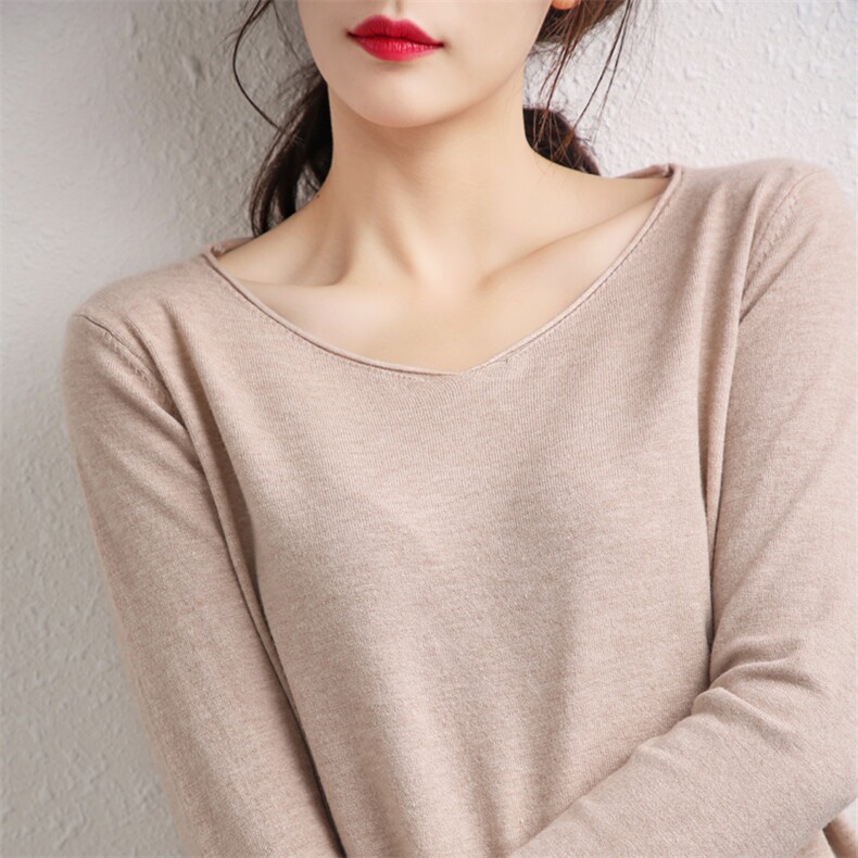 V领纯色打底针织衫女薄款修身显瘦长袖套头纯棉内搭毛衣上衣，女装针织衫/毛衣，春韵羊绒