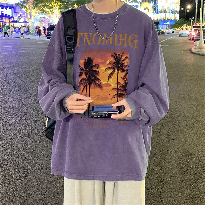 直播品质重磅纯棉美式蜡染水洗做旧潮牌宽松长袖t恤CT291特P38,男装T恤,电商A486