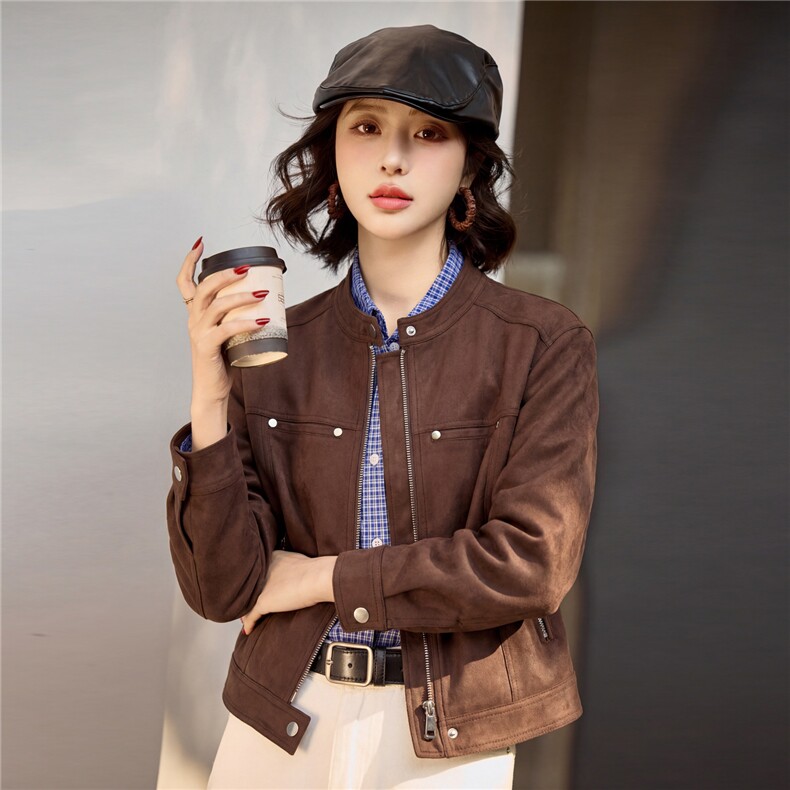 鹿皮绒女外套小个子短外套皮衣2026年春季女士拉链25-29周岁,女装短外套,悦祺