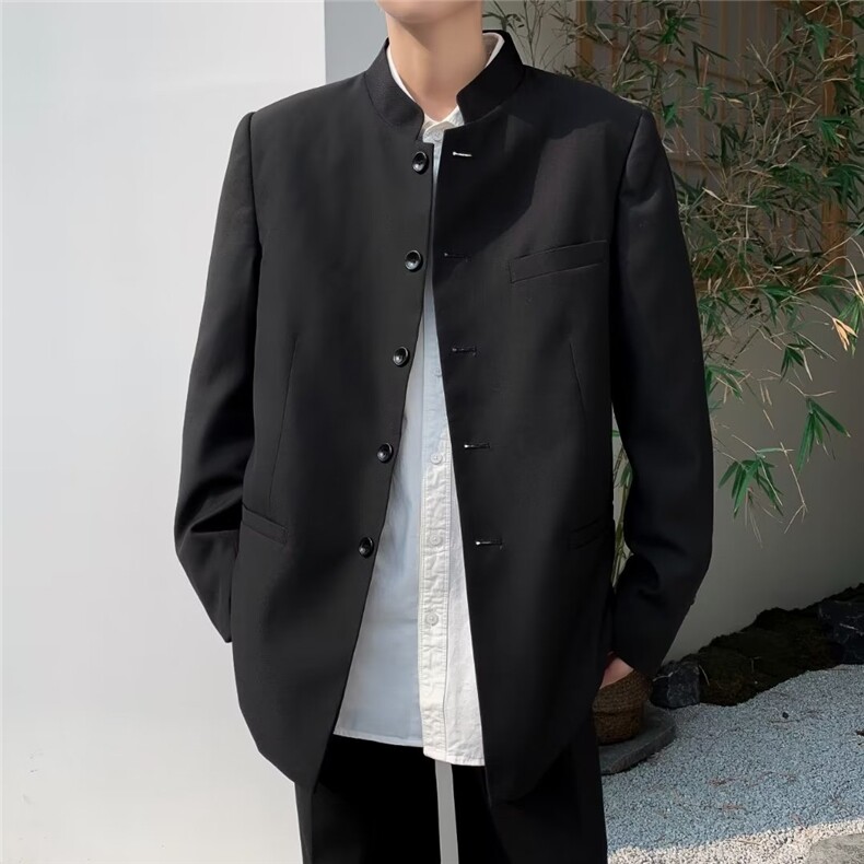潮新中式休闲青年装纯色中山装男士痞帅高级感西装立领垫肩外套，男装西服套装，星座601-2