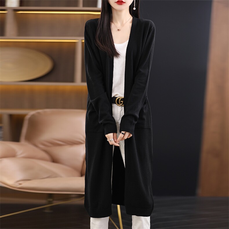 超长款针织开衫女薄款羊毛衫宽松慵懒中长款毛衣外套春秋过膝大衣，女装羊毛衫，朝思羊绒
