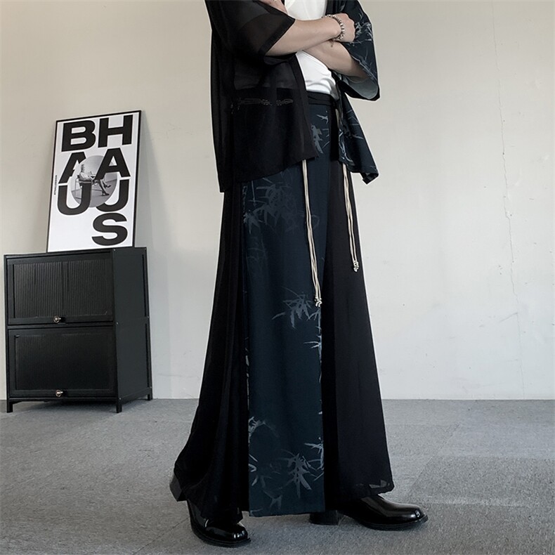 2025新中式唐装汉服新中式潮宋裤元素阔腿水墨男女飘逸拖地裤子,男装民族服装,星座909