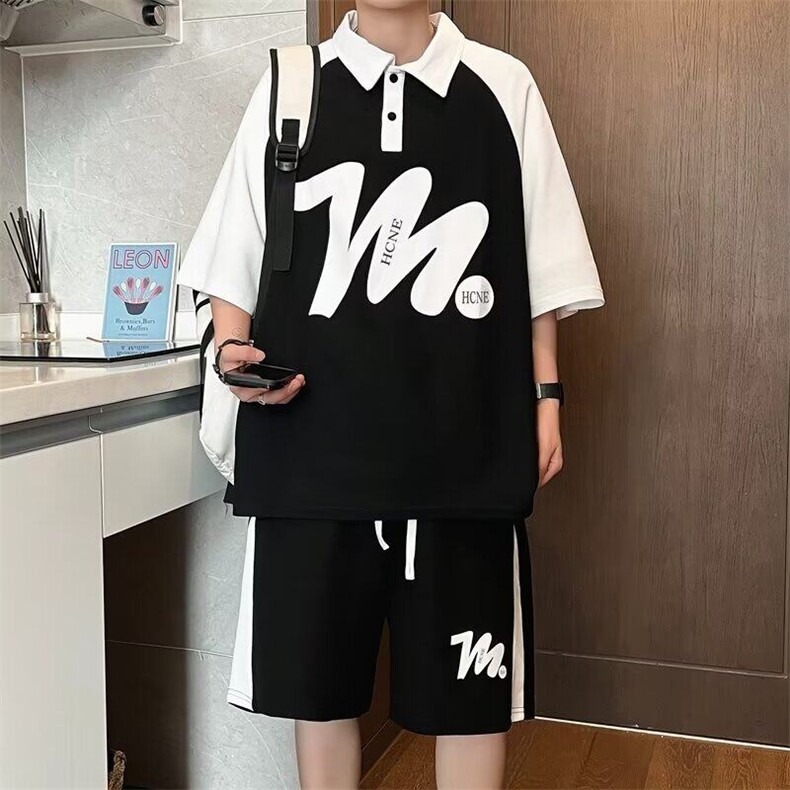 夏季美式POLO衫短袖T恤学生男女宽松撞色运动套装LTZ17-p55,男装休闲套装,星座1008