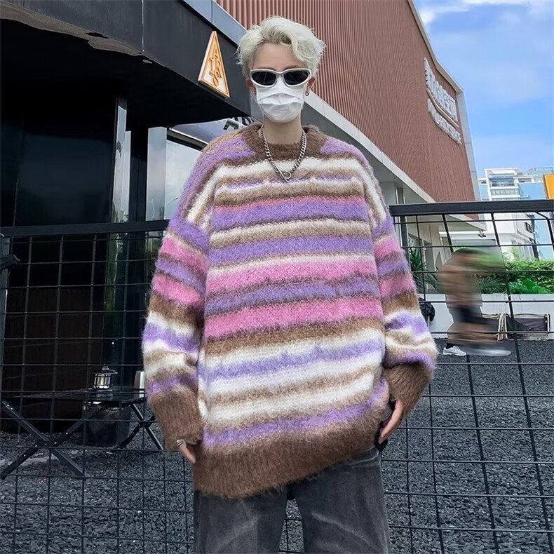 美式复古渐变条纹毛衣男宽松慵懒风小众套头衫 MY207 P45图片