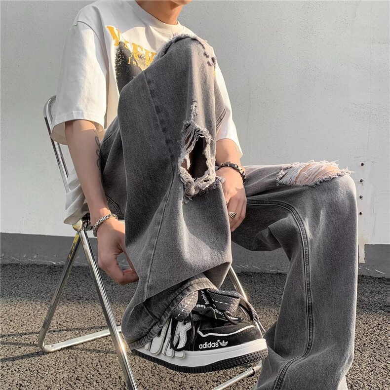 牛仔裤男夏季潮牌ins破洞阔腿宽松直筒裤美式高街休闲复古长裤子,男装牛仔裤,星座601-2