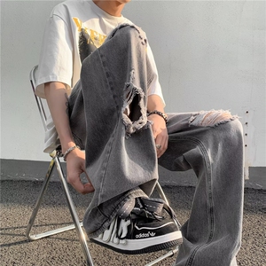 牛仔裤男夏季潮牌ins破洞阔腿宽松直筒裤美式高街休闲复古长裤子图片