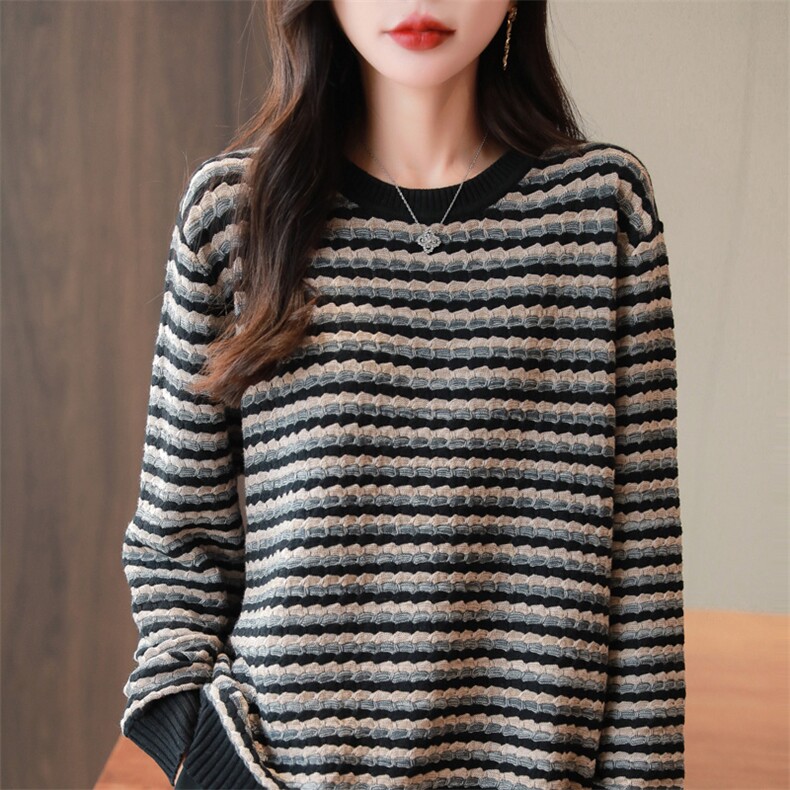重磅加厚精梳棉线圆领针织衫女复古条纹宽松上衣保暖打底毛衣新款，女装针织衫/毛衣，品高羊绒