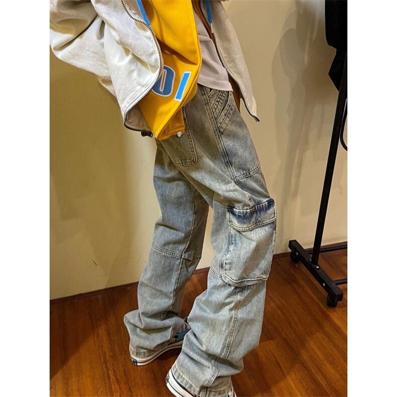 1506/Q1780/P61美式复古洗水拼接直筒大口袋休闲宽松微喇长裤子,男装休闲裤,星座1506