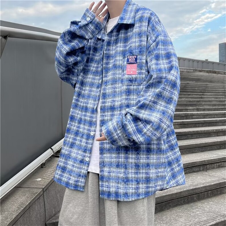 美式复古街头风流行蓝色长袖衬衫春款W1374P40,男装衬衫,星座1116-2