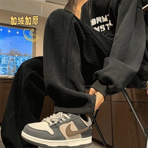 麦穗纹加绒裤子男款秋冬宽松阔腿垂感直筒休闲裤雪尼尔拖地裤长裤图片