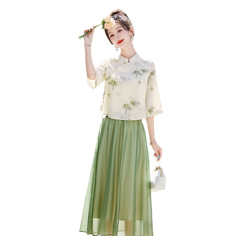 新中式国风改良旗袍套装连衣裙女装2025新款夏季上衣半身裙两件套,女装套装/套裙,鑫鑫美